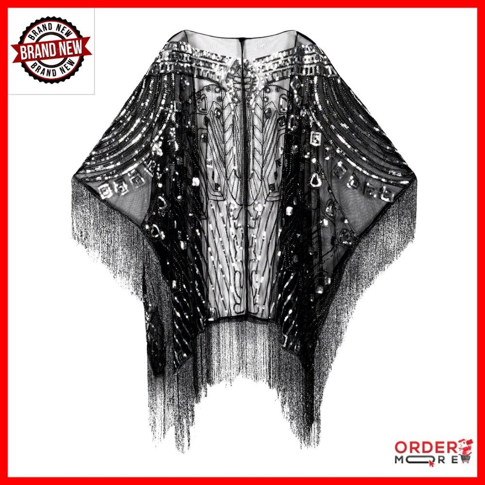 Oversized Sequin Beaded Fringed Evening Wrap Cape for Formal Occasions